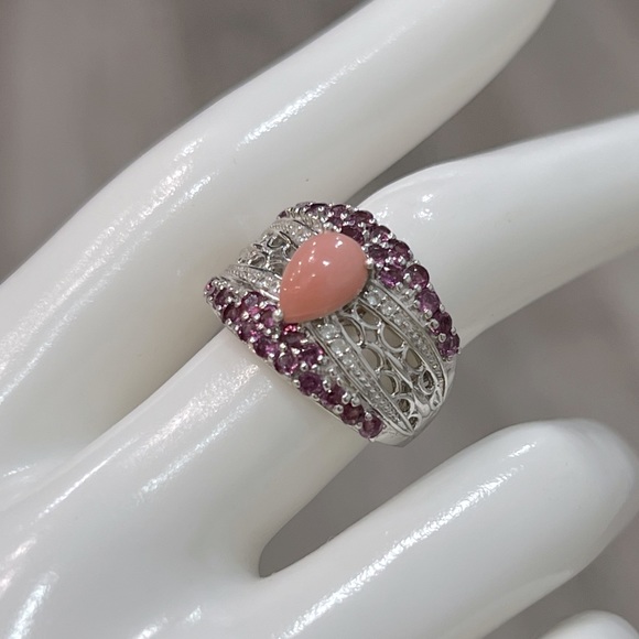 Oregon Peach Opal Rhodolite Garnet Zircon Sterling Silver Ring - Picture 6 of 15